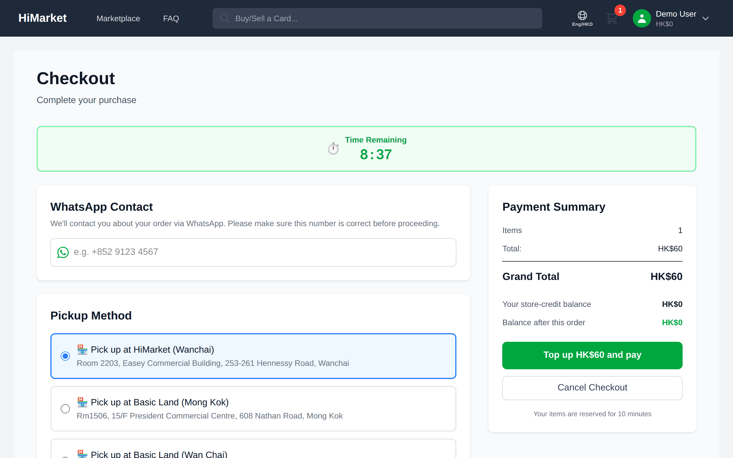 The HiMarket checkout showing the credit top-up line and delivery options