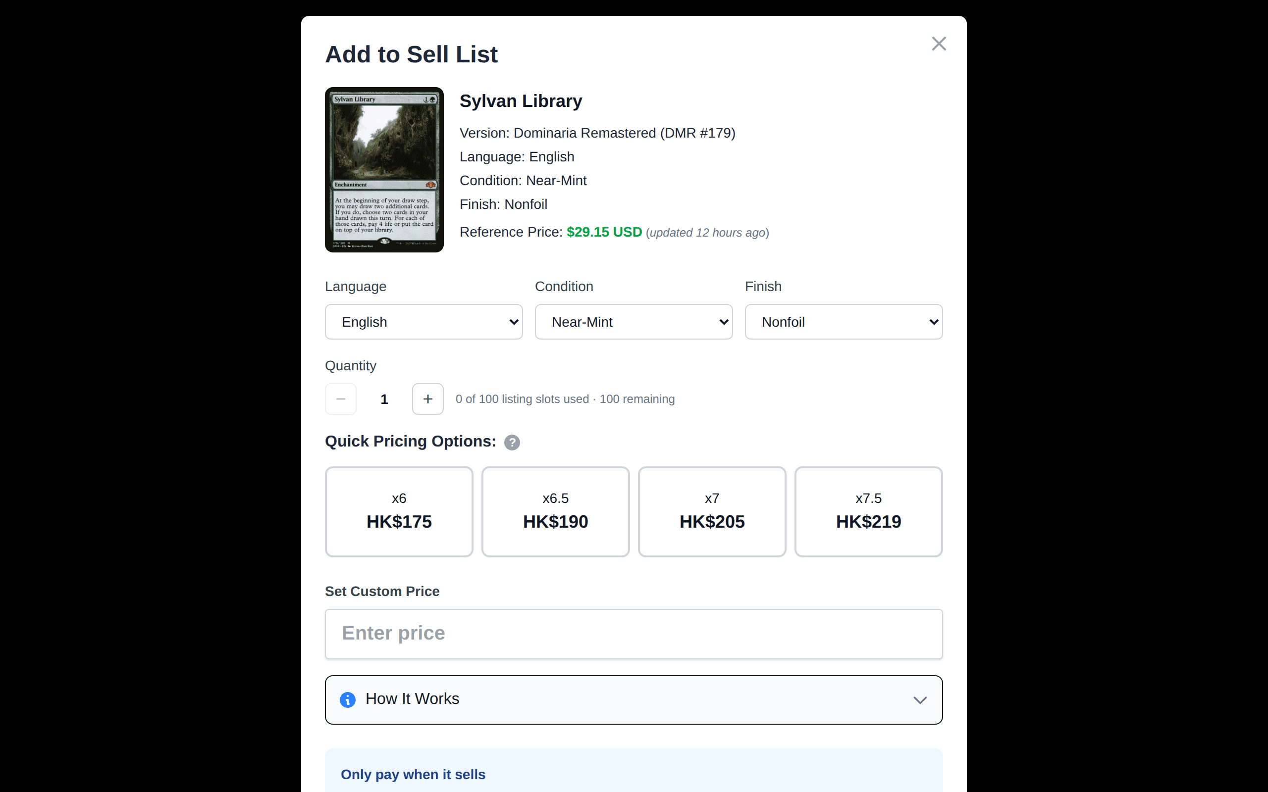 The HiMarket sell listing modal with price input and ratio presets