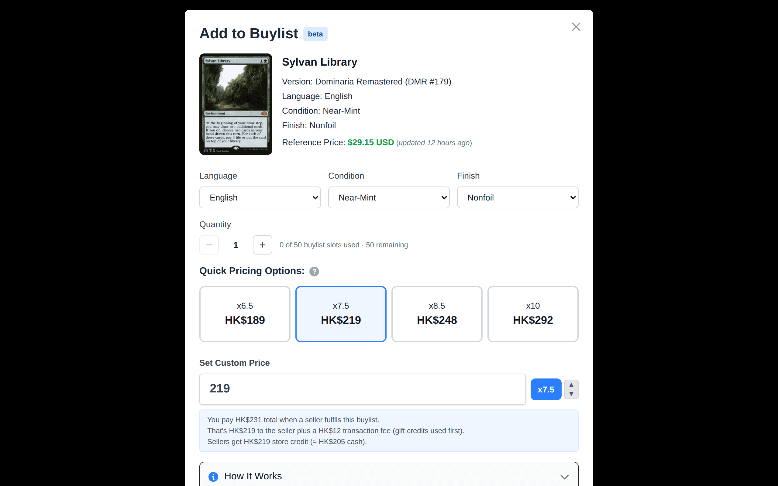 The buylist price modal with ratio presets and the you-pay breakdown