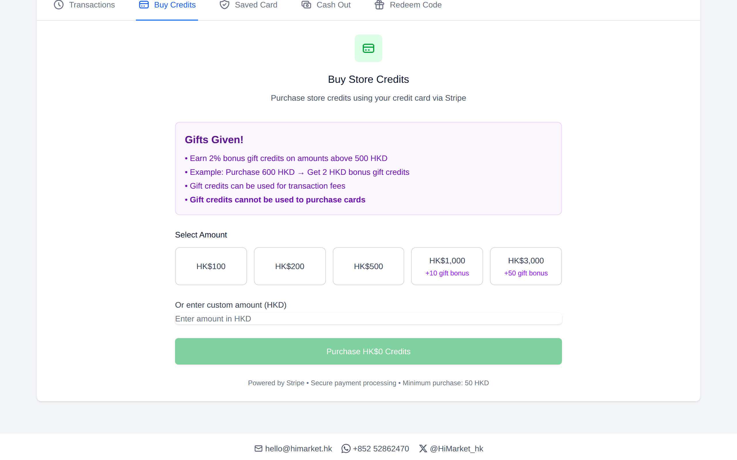 The store credits page with preset top-up amounts and bonuses